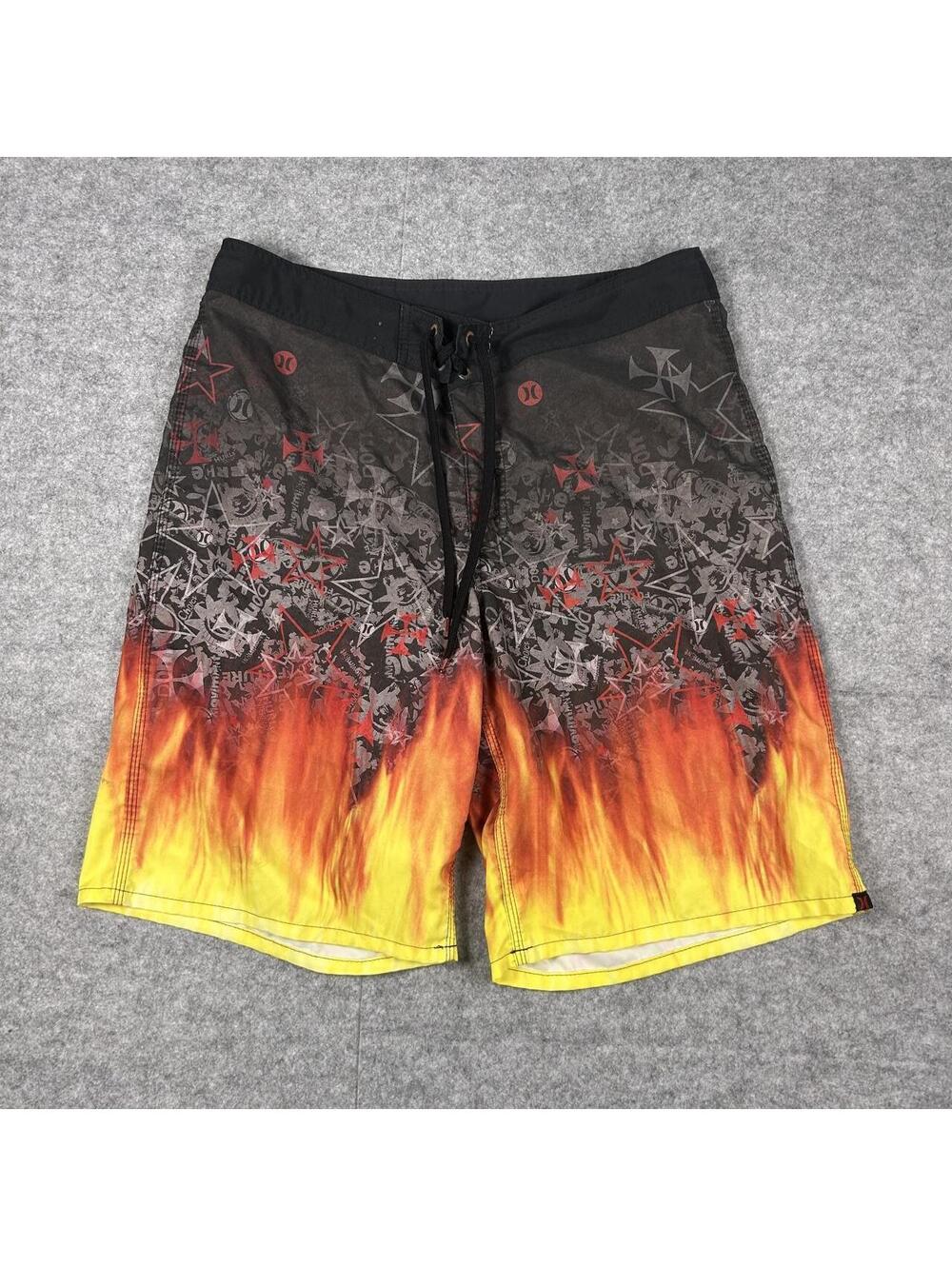 Vintage Hurley Surf Y2K Flame Crosses AOP Board Shorts Size 36